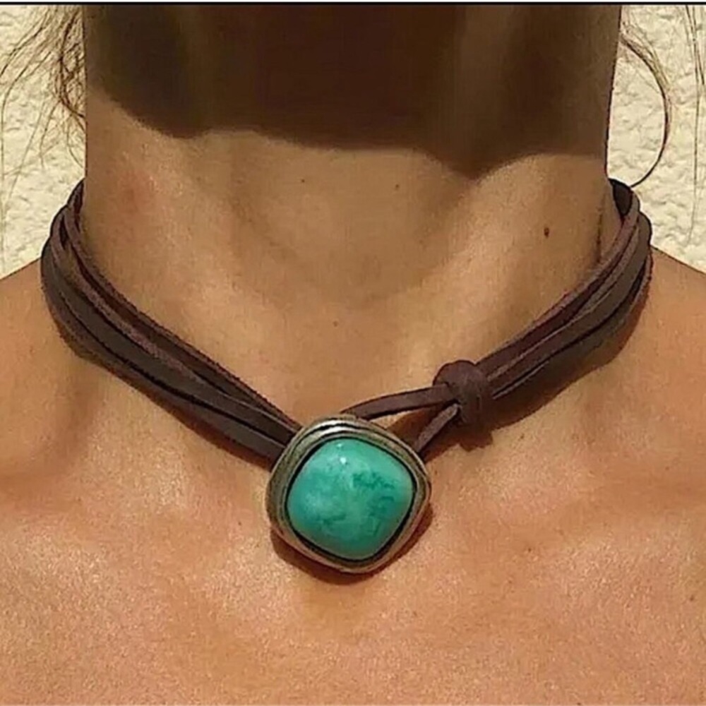 Boho Vintage Turquoise Pendant Choker, Bohemian, Vacation, Leather Cord, Sale